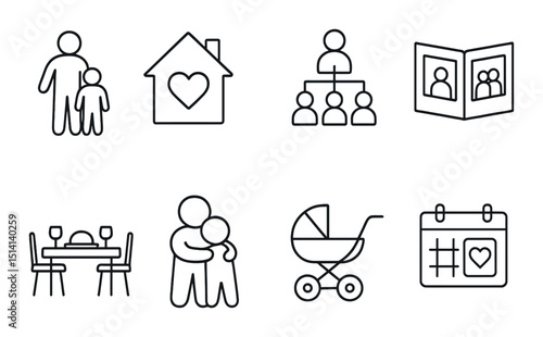 Family and home outline icons set – silhouette, domestic and relationship symbols