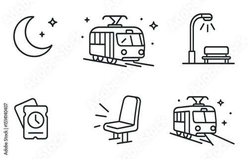 Night tram adventure line icons set – minimalist, urban transportation, journey symbols