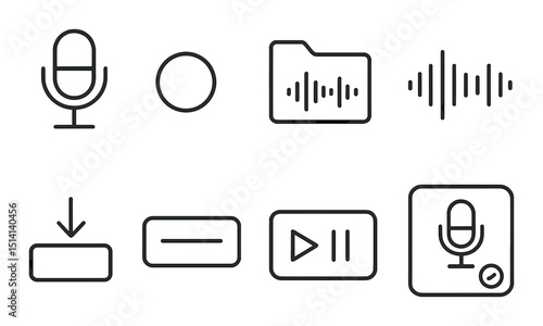 Audio recording icons set: outline, sound capture, music symbol collection