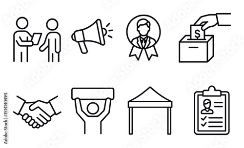 Election campaign linear icons set – outline, political and voting symbols