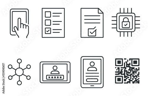 Digital voting outline icons set – simple, electronic election and ballot symbols