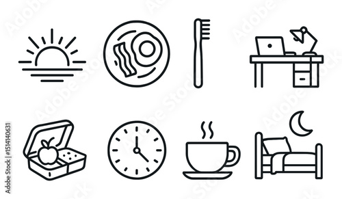 Daily routine outline icons set – simple, minimal lifestyle and habit symbols collection