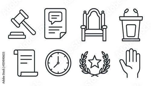 Parliamentary debate line icons set – simple government and legislative symbols