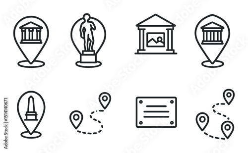 Cultural landmarks outline icons set – simple, historic and global site symbols