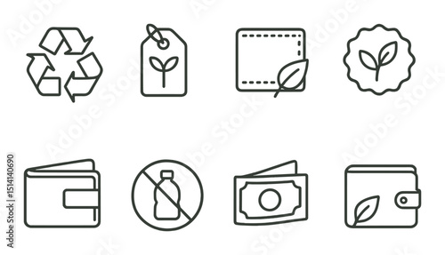 Eco wallet icons set – outline, sustainability and environmental finance symbols