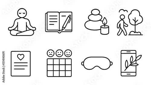 Wellness and relaxation outline icons set – sporty, health and mindfulness symbols