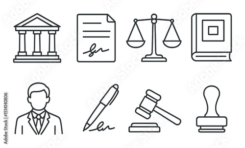 Legal services outline icons set – law, justice and attorney symbols