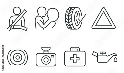Vehicle safety outline icons set – silhouette, automotive security and protection symbols