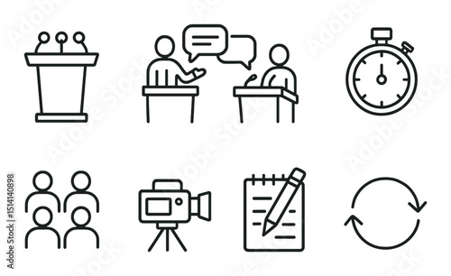 Political debate outline icons set – silhouette, discussion, governance symbols