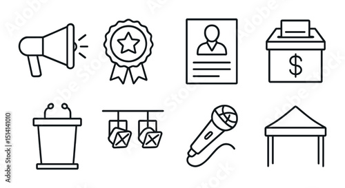 Political campaign outline icons set – voting, election, and candidate symbols