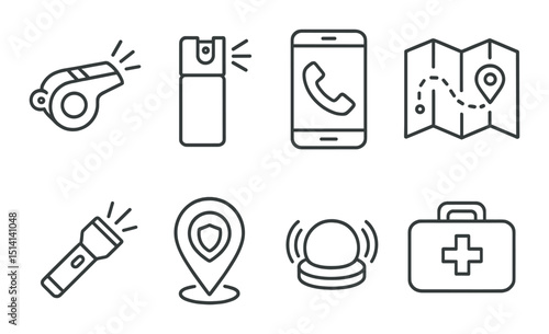 Personal safety outline icons set – silhouette, protection and emergency symbols