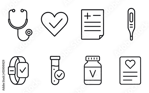 Health check silhouette icons set – medical, wellness and diagnostic symbols