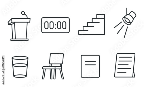 Political debate linear icons set – outline, discussion and government symbols