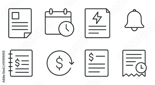 Billing cycle linear icons set – outline, payment and invoicing symbols
