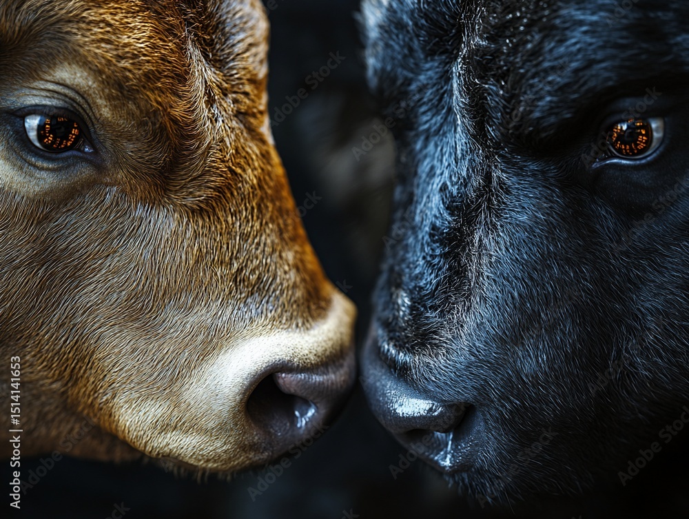 Fototapeta premium Close-up of two calves, one brown and one black, touching noses in a dark setting