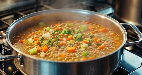 Close-up of steaming pot of lentil soup with carrots and celery, on stovetop. Selective focus and shallow depth of field