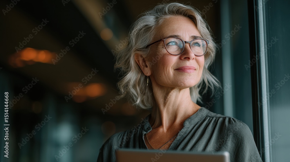 Fototapeta premium Confident older woman with glasses gazing thoughtfully while holding a laptop in a modern office space.