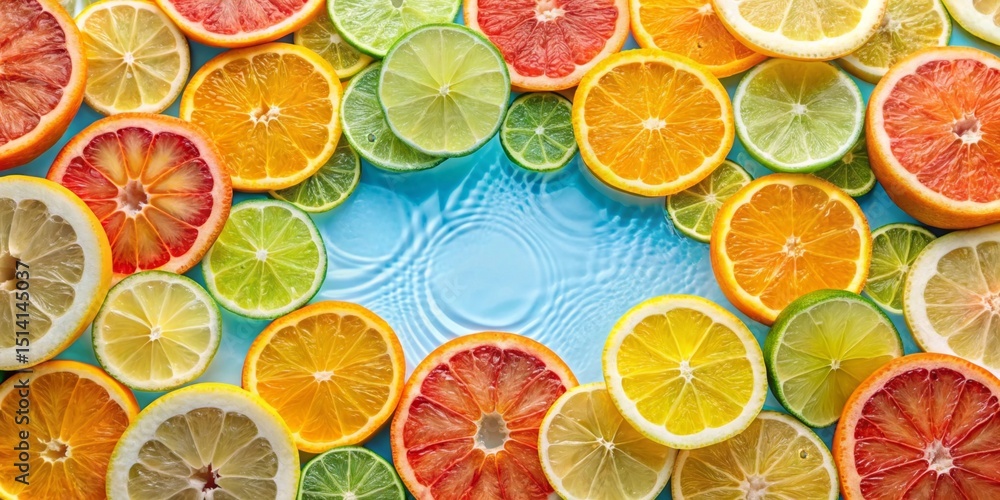 Vibrant citrus fruit slices arranged on a refreshing blue water surface, creating a captivating summer scene of juicy oranges, lemons, limes, and grapefruits. Vibrant citrus fruit slices arranged on a refreshing blue water surface, creating a captivating summer scene of juicy oranges, lemons, limes, and grapefruits.
