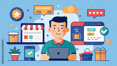 Online shopping man laptop ecommerce success