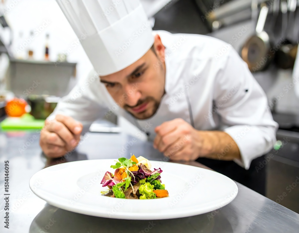 Chef Examining Gourmet Salad in Restaurant Kitchen Chef Examining Gourmet Salad in Restaurant Kitchen
