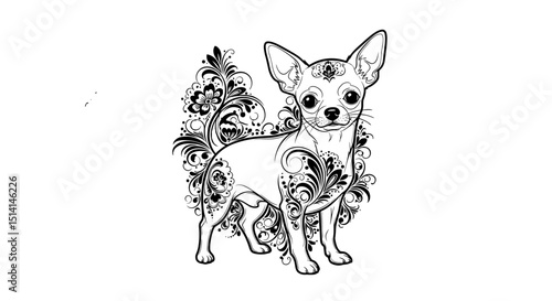 Chihuahua dog illustration with ornate floral details and patterns  