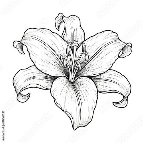 Detailed illustration of a lily flower in black and white style  