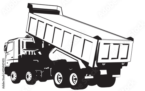 MobileMonochrome vector drawing of heavy dump truck with raised container bed, isolated on white background