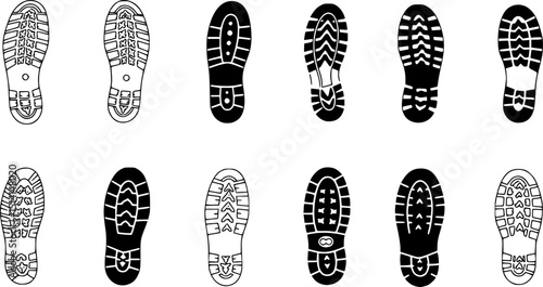 Footprint icon. Human barefoot or shoes footsteps. Foot track silhouettes. Boot and sneaker sole prints. Footwear trail shapes. Leg traces collection. Feet imprint. Vector symbol set