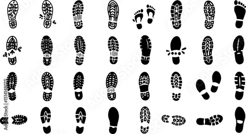 Footprint icon. Human barefoot or shoes footsteps. Foot track silhouettes. Boot and sneaker sole prints. Footwear trail shapes. Leg traces collection. Feet imprint. Vector symbol set