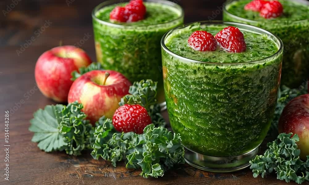 Refreshing green smoothies topped with raspberries surrounded by fresh apples and kale on a wooden table Refreshing green smoothies topped with raspberries surrounded by fresh apples and kale on a wooden table