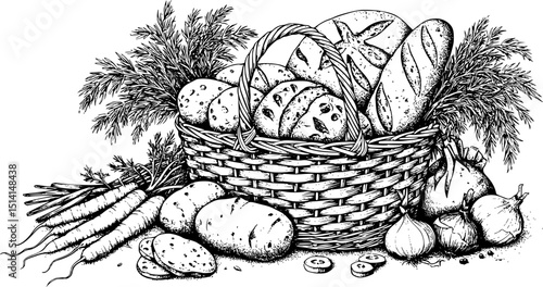 Hand-drawn basket of vegetables and bread in black and white line art style.

