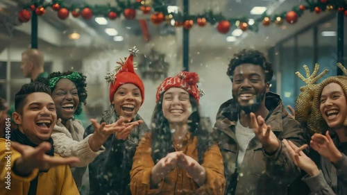 Wallpaper Mural A group of young adults joyfully celebrates together, throwing confetti in the air. Festive decorations and smiles fill the scene with holiday cheer and friendship. Torontodigital.ca