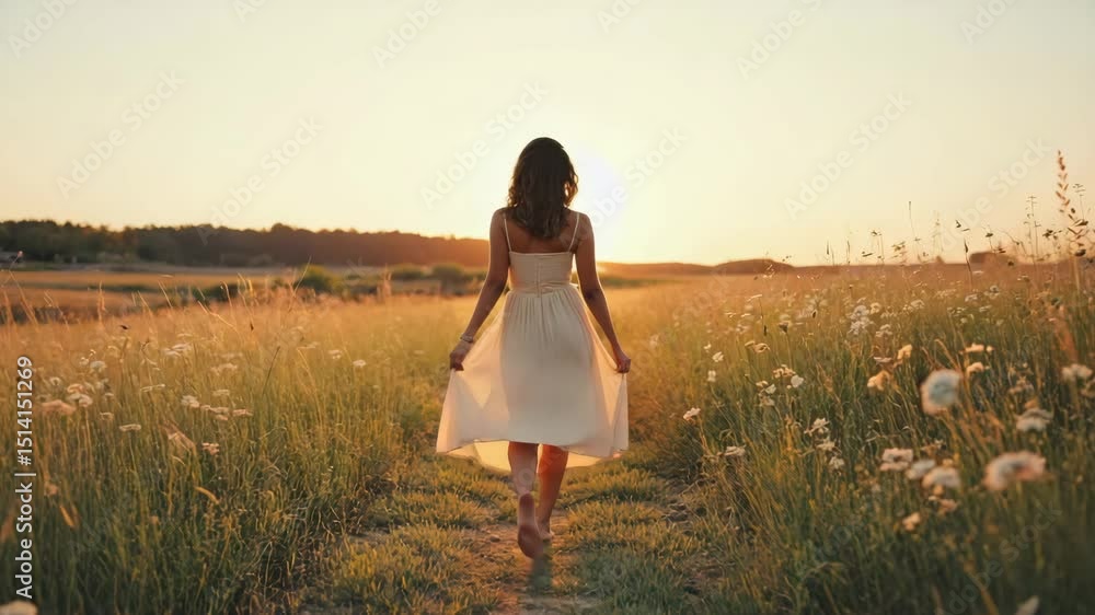 A woman in a summer dress walks through a flowery meadow in the sunshine