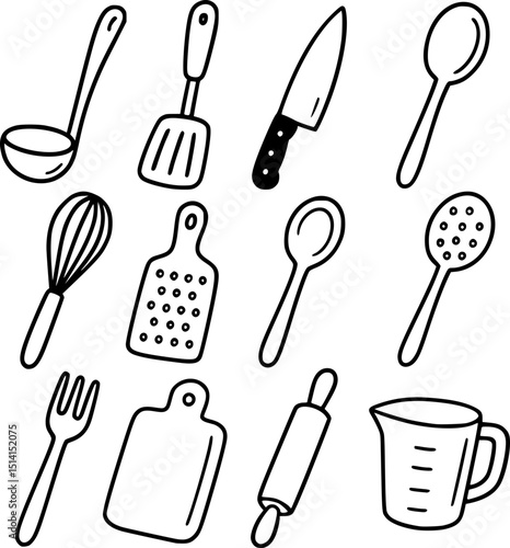 Kitchen Utensils black and white line art collection