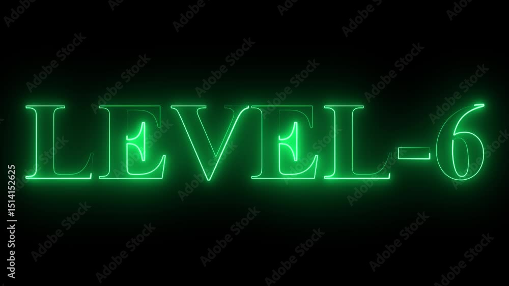 Level One text font with neon light. Level 6 neon sign. Rainbow color letters spelling out level Up appear .Glowing neon pink green color LEVEL- 6 text animation icon sign symbol on black background. Level One text font with neon light. Level 6 neon sign. Rainbow color letters spelling out level Up appear .Glowing neon pink green color LEVEL- 6 text animation icon sign symbol on black background.