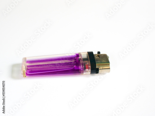 A close-up of a purple gas lighter, isolated on a white background.