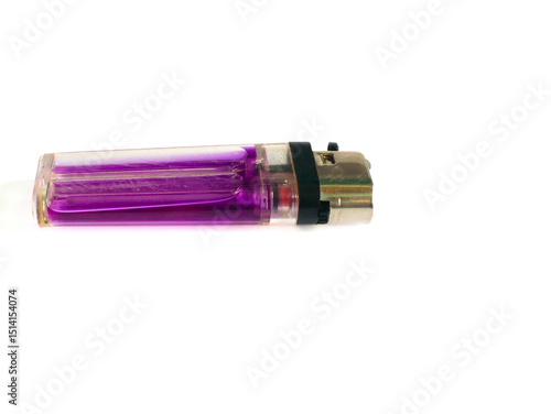 A close-up of a purple gas lighter, isolated on a white background.