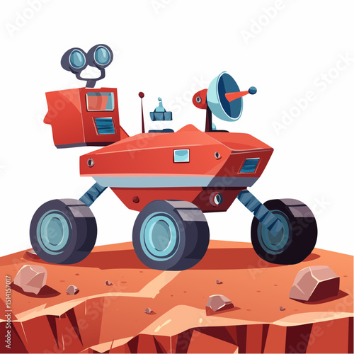 Mars rover driving across red rocks with robotic arms and camera tools.