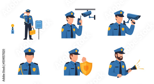 Various Illustrations of a Policeman in Different Poses and Scenarios
