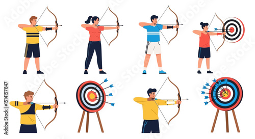 Archery Practice People Shooting Arrows at Targets with Bows
