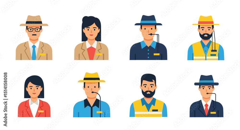Collection of Eight Flat Vector People Icons with Various Outfits Collection of Eight Flat Vector People Icons with Various Outfits