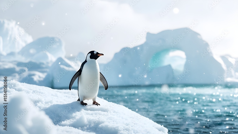 Obraz premium Cute Penguin Standing on Ice, Antarctic Wildlife in Natural Habitat