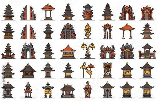 Collection of Balinese architectural structures including temples gates and shrines