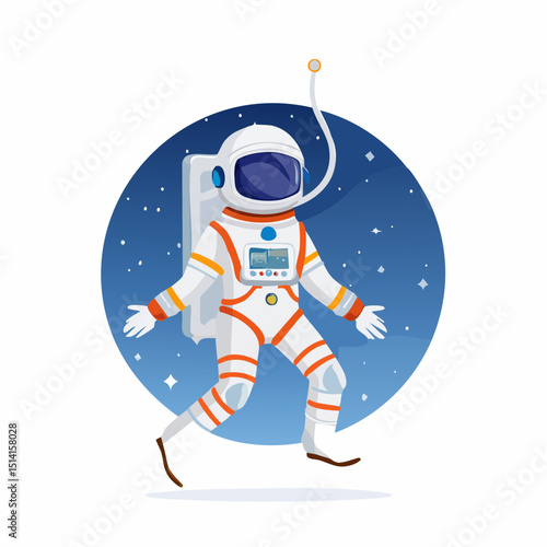 Astronaut drifting in space with oxygen lines and helmet gear.