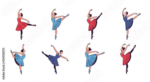 Eight Ballerinas in Various Poses Wearing Tutus and Pointe Shoes