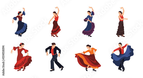 Eight Flamenco Dancers in Various Poses and Colorful Traditional Outfits