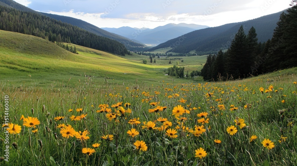 Fototapeta premium A beautiful scenic mountain valley filled with wildflowers and grass