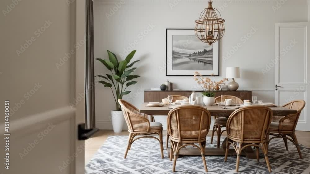 custom made wallpaper toronto digitalStylish interior of dining room with family table, rattan chairs, pendatn lamp, plant, tableware, carpet, decoration and elegant accessories. 4k video