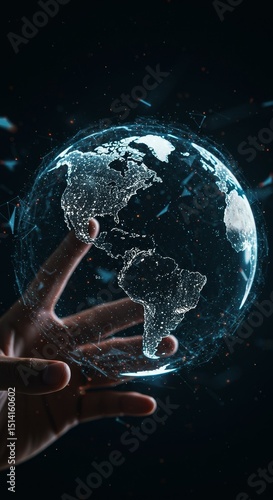 3D Globe in Hand Displaying a Digital Network and Data Communication