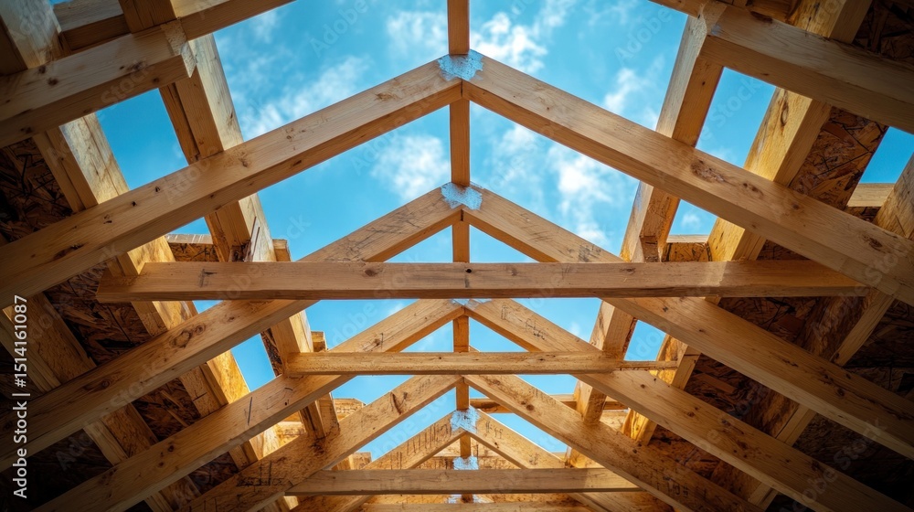 Obraz premium Wooden Roof Truss Structure, Construction Site